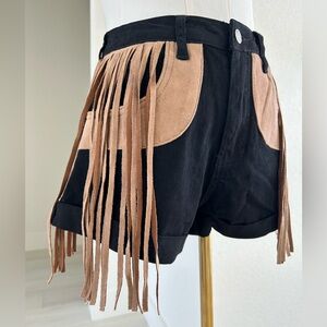 Wisteria Lane Black Tan Faux Suede Fringe Denim Shorts Womens S